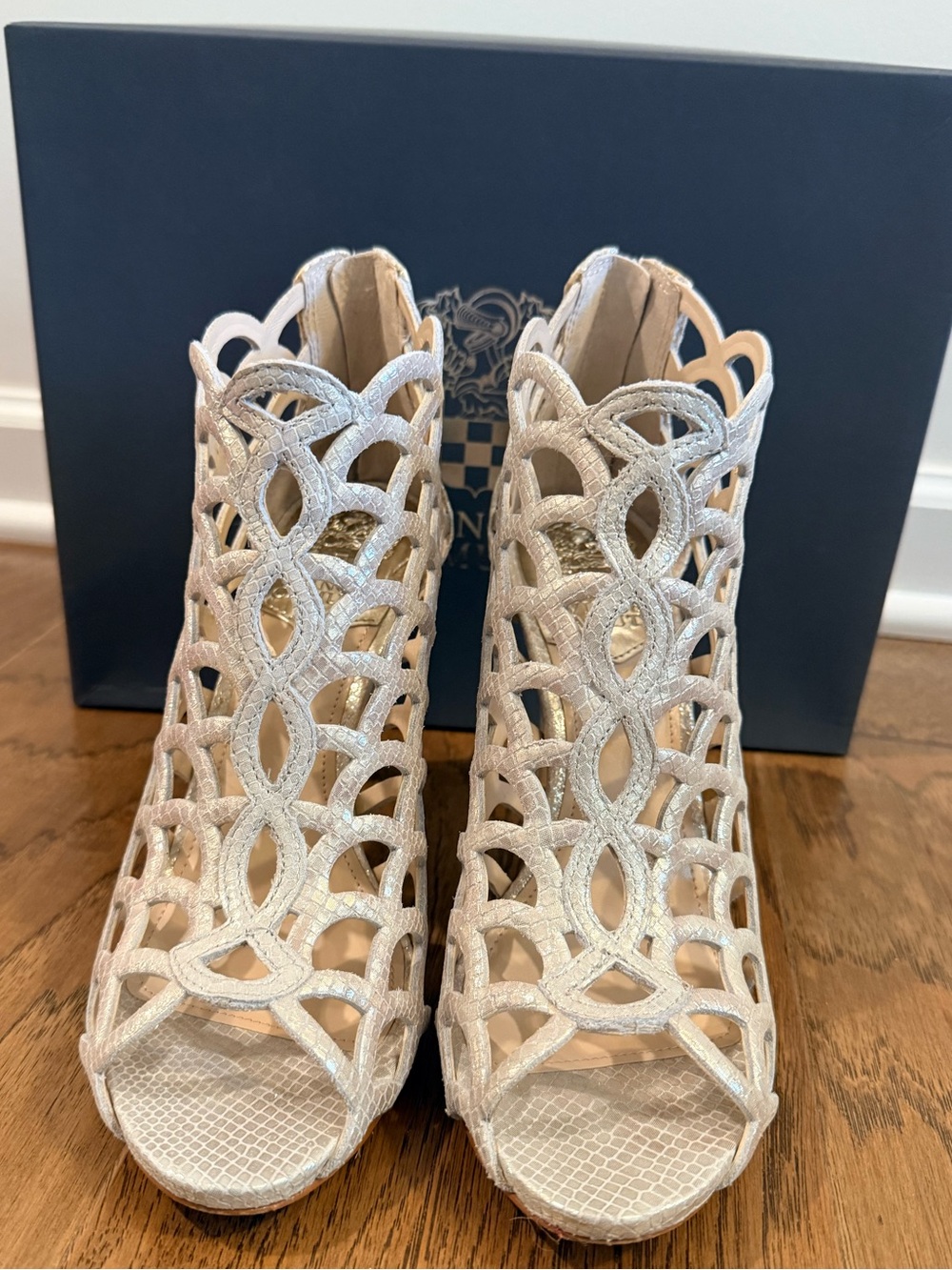 Vince Camuto Women's Open-Toe Cutout Heels in Metallic Ivory